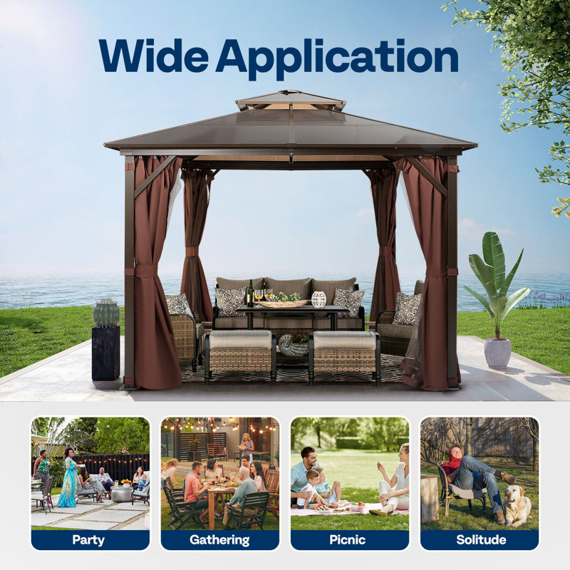 10 ft x 10 ft Brown Aluminum Patio Gazebo with Polycarbonate Roof