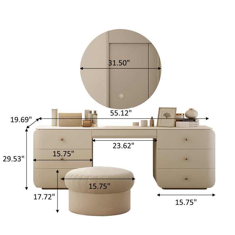 Ensemble coiffeuse blanche avec miroir lumineux à DEL, H 29,53 po x l 55,12 po x P 19,69 po