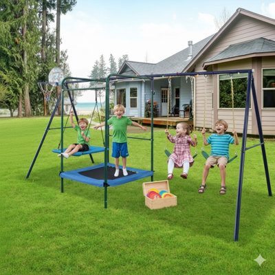 4-In-1 Backyard Playset Including Safety Belt Swing, Hammock Swing, Mini Trampoline, And Basketball Goal