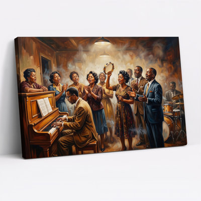 Tableau sur toile représentant une chorale gospel et un piano dans une pièce chaleureuse