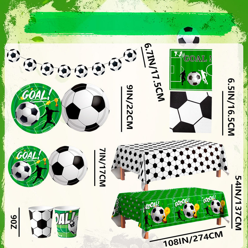Fournitures de décorations de fête de soccer, ensemble de vaisselle d'anniversaire de soccer 106 pièces
