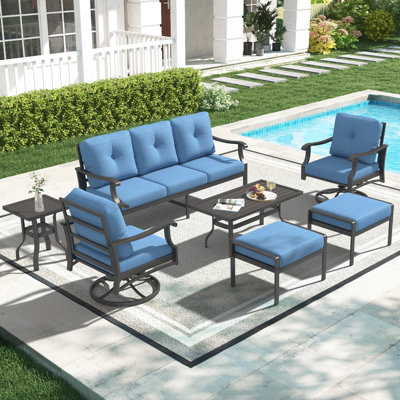 Ensemble de conversation de patio en aluminium 7 pièces, mobilier d'extérieur en métal avec canapé 3 places, chaises pivotantes à bascule, repose-pieds et table basse, coussins épaissis de 5 po pour la cour arrière, près de la piscine