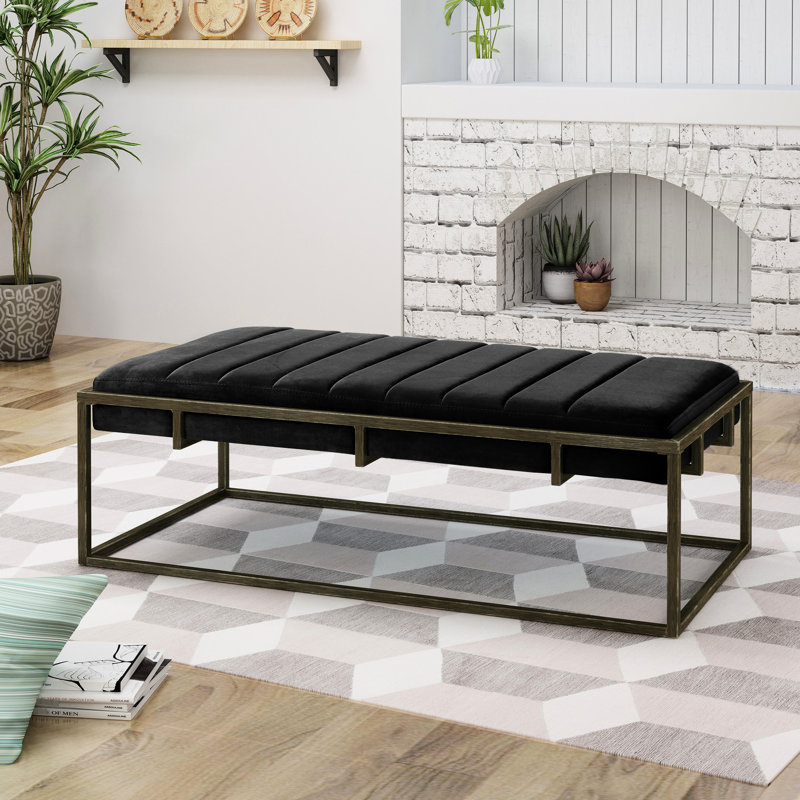 Upholstered Velvet , Black With Modern Brass Finish - Minimalist Look, Metal Frame, 25 In Width, 16 Height Bench Style, Height, Width