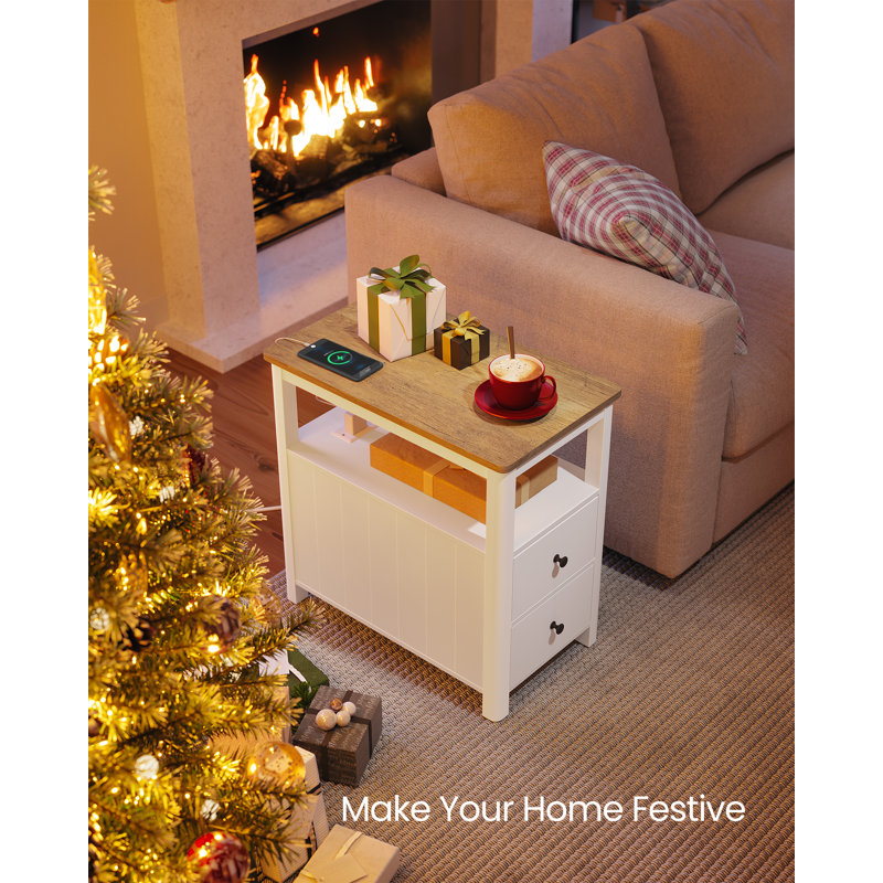 Philbin 2-Drawer End Table with Charging Station, Honey Brown
