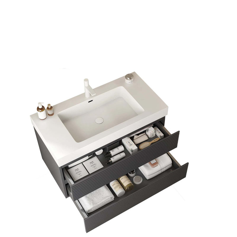 Meuble-lavabo de salle de bain avec lavabo encastré, armoire de rangement murale moderne rayée en contreplaqué flottant avec 2 tiroirs, lavabo rectangulaire sans robinet