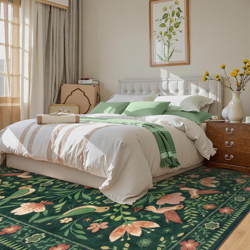 Goldene Boho Washable Botanical Dark Green Area Rugs for Living Room, Low-Pile Floral Rug with Non Slip Backing For Bedroom Dining Room