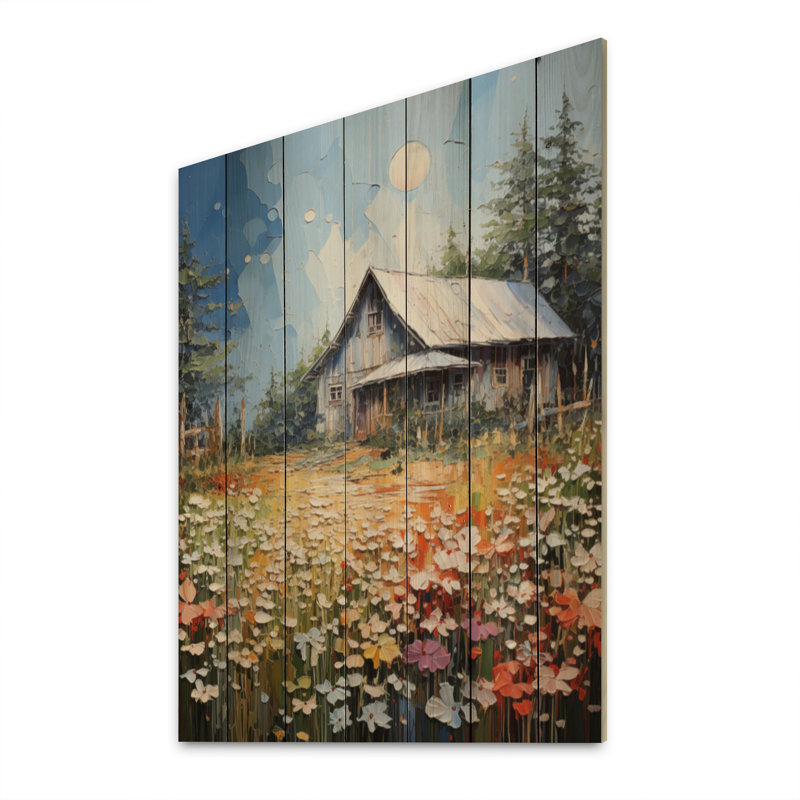 Farmhouse Reflections Pointillism On Wood Print, H 32 po x l 24 po x P 0,78 po