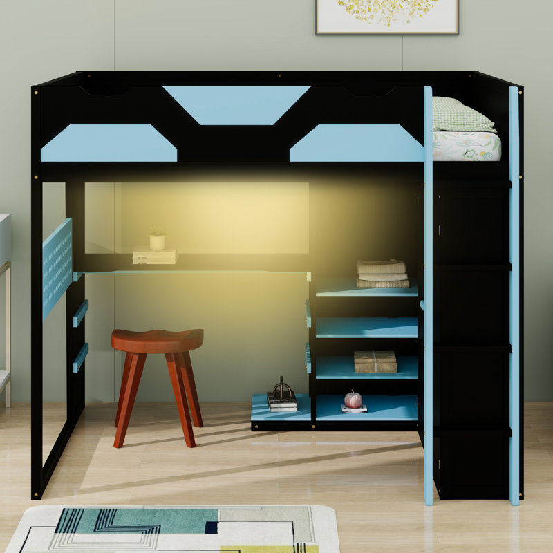 Lit mezzanine en bois avec bureau, tablettes de rangement multiples et port USB, Bleu nuage