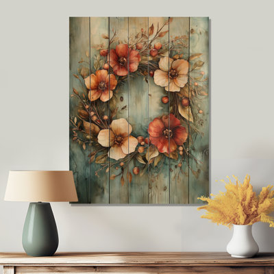 Farmhouse Wreath Spiral Of Petals II - Wreath Wood Wall Art - On Natural Pine Wood