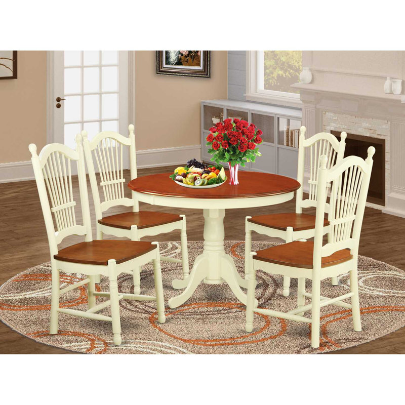 5 Piece Dining Table Set for 4 Includes a Round Kitchen Table with Pedestal and 4 Kitchen Dining Chairs, Buttermilk & Cherry