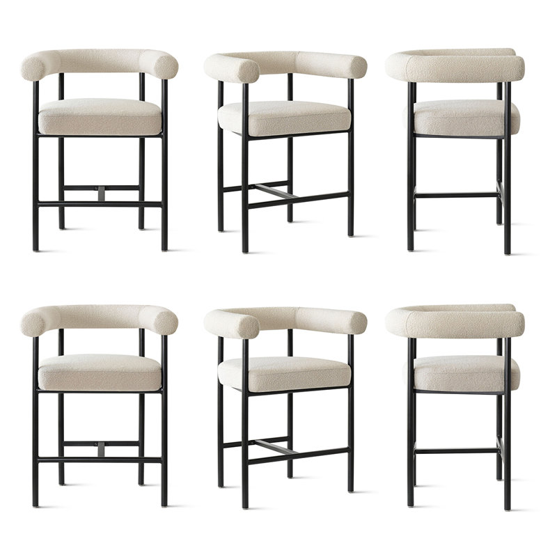 24" Modern Boucle Counter Stools, Upholstered Barrel Back Counter Height Chairs With Black Metal Frame And Footrest For Kitchen Island