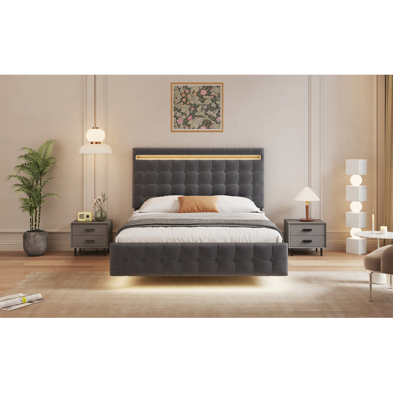 Floating Bed Frame Queen Size With LED Lights
