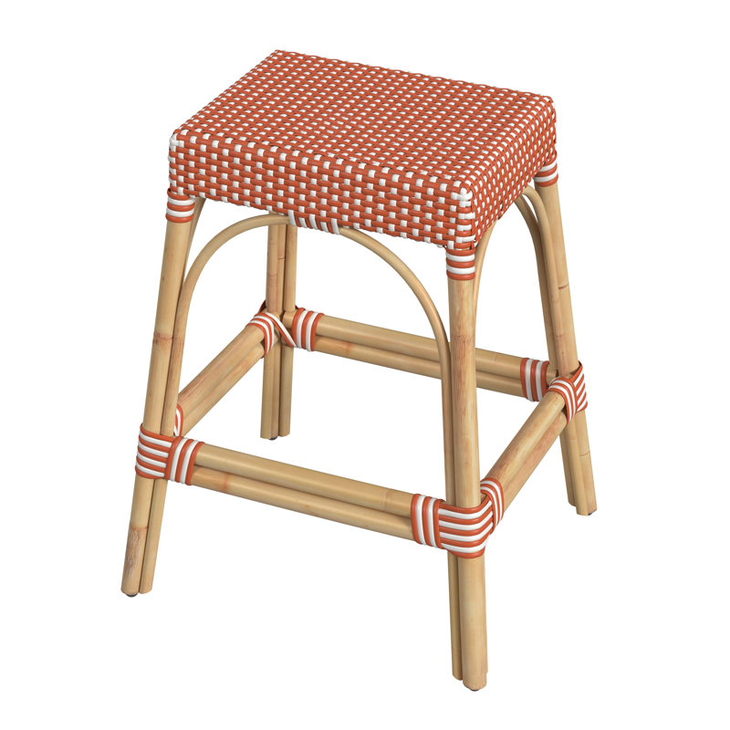 Robias Rattan Bar & Counter Stool, White/Pink Dot/ Natural Rattan Frame, Counter Stool (24.5" Seat Height)
