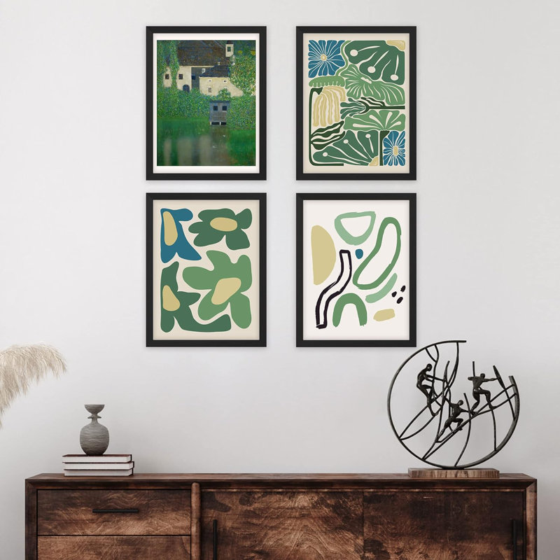 Décoration de salle de bain Bureau, motif géométrique de fleurs vertes, forme abstraite, minimalisme, relaxation / zen, impression sur papier encadrée de 4 pièces