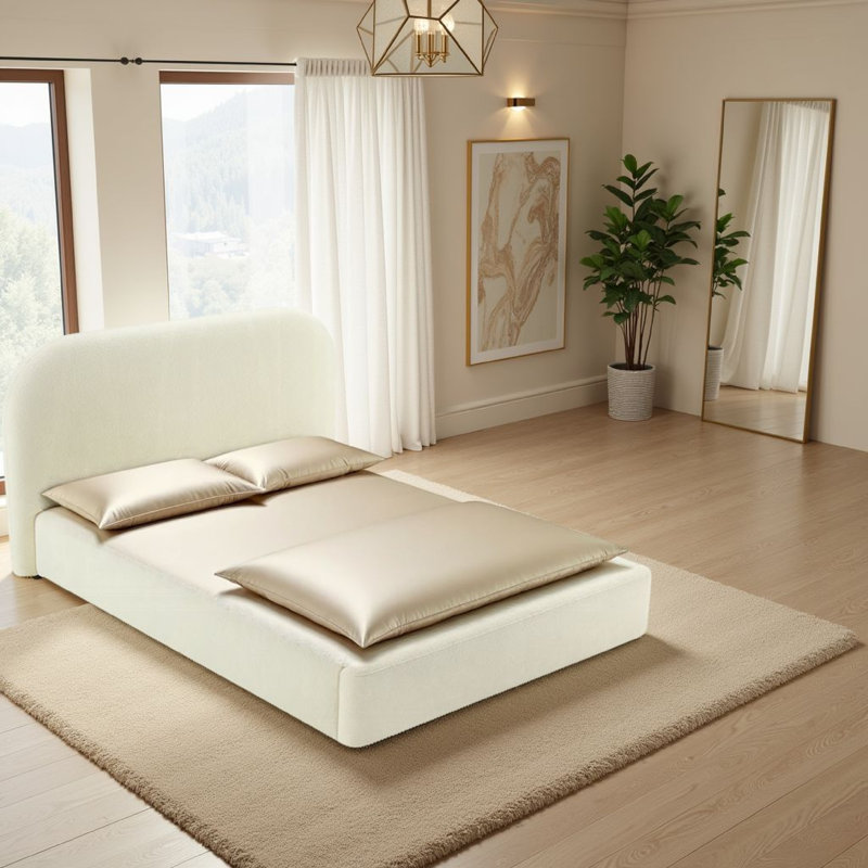 Lit Ardie, pied de lit à profil bas, panneau rembourré beige moelleux, Grand