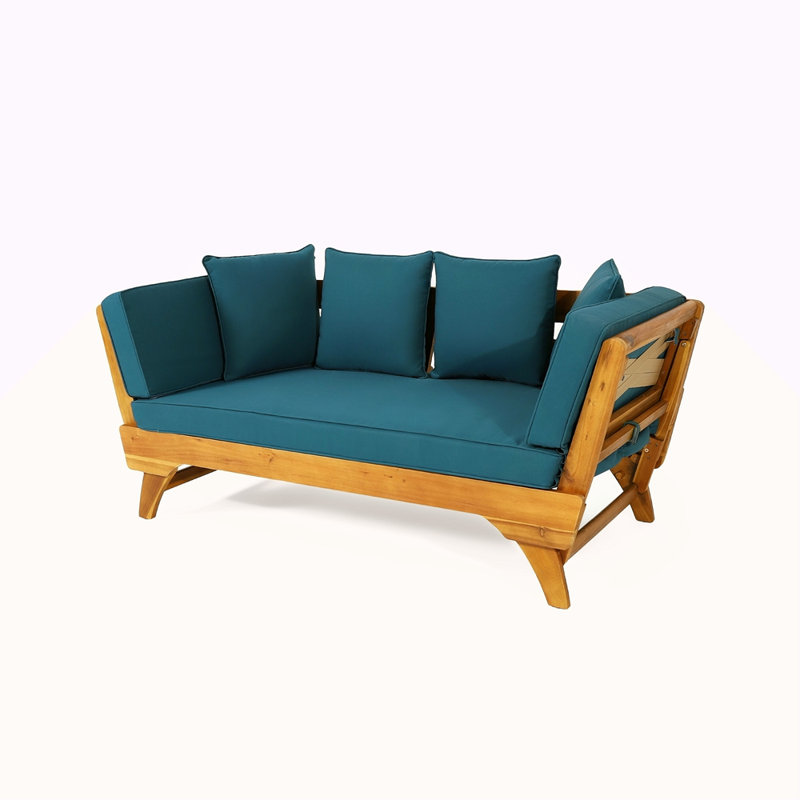 Expandable Daybed With Cushions,Outdoor Couch Acacia Wood Patio Couch With Adjustable Armrests,Outdoor Convertible Sofa With Removable Cushions&Pillows For Patio, Porch, Poolside