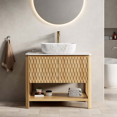 Bathroom Vanity & Sink, Freestanding Plywood Bathroom Storage Cabinet With Bamboo Texture Doors & Open Shelf, Marble Pattern Ceramic Vessel Basin & Sintered Stone Top