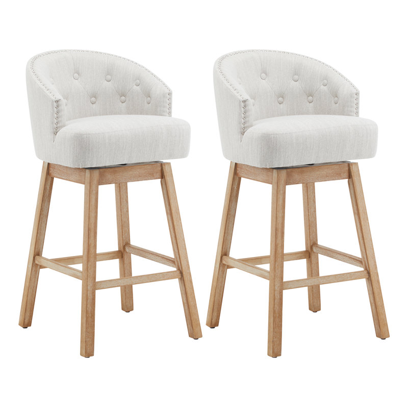 Elara 32.25'' Seat Height 360° Swivel Traditional Upholstered  Bar Stool with Solid Rubberwood Frame, Button Tufted Back