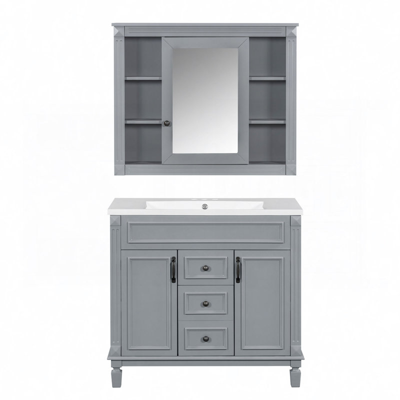 Meuble-lavabo de salle de bain avec lavabo supérieur, armoire à miroir, armoire de rangement moderne avec 2 portes à fermeture douce et 2 tiroirs, meuble-lavabo simple