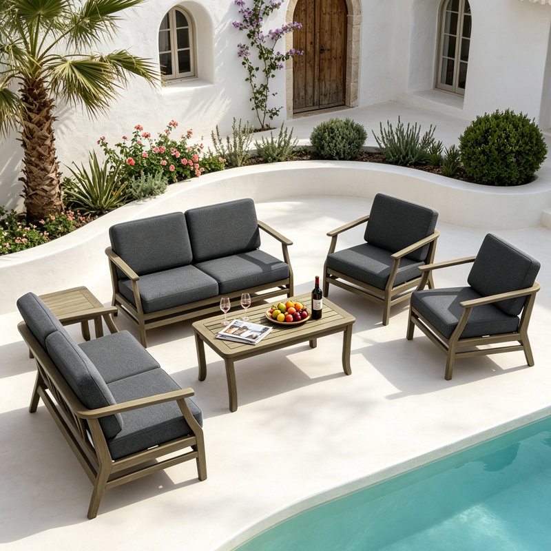 Ensemble de patio extérieur en teck pour six personnes avec coussins et deux tables Polett, Gris foncé, Brun
