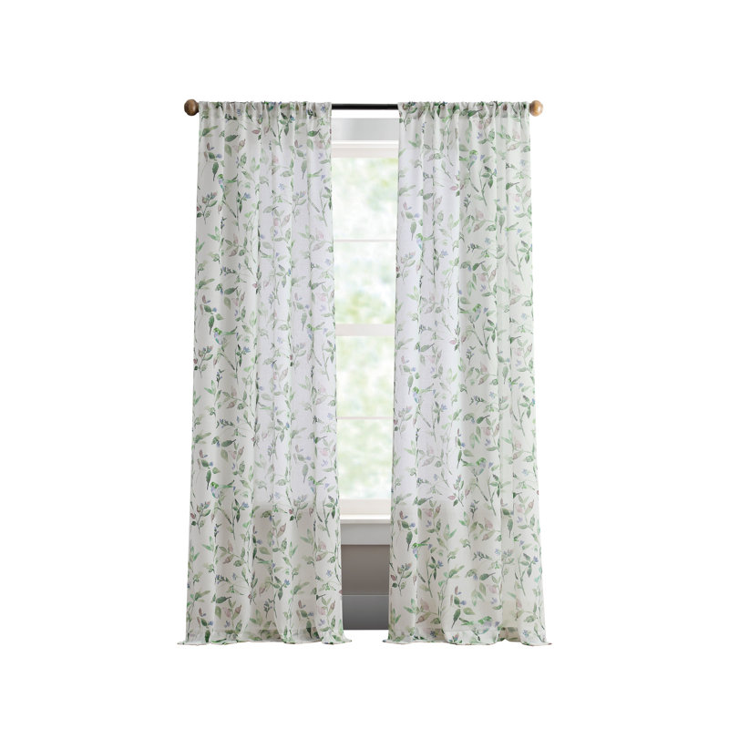 Forest Green Sheer Botanical Print Polyester Window Panels, 37in x 84in