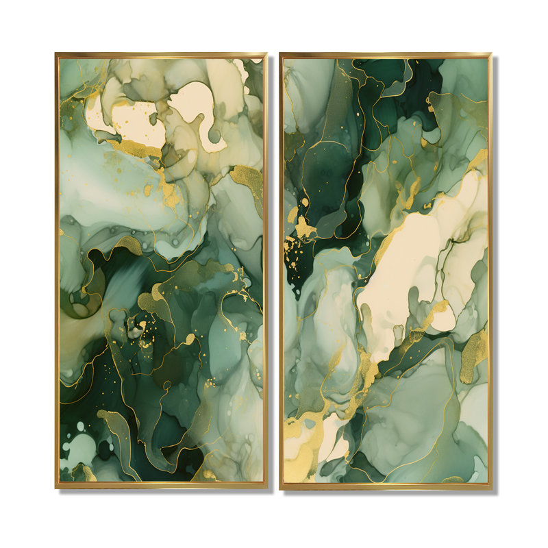 «Green Luxury Abstract Fluid Art I», art mural vert, H 32 po x l 32 po, Impression encadrée flottante sans passe-partout
