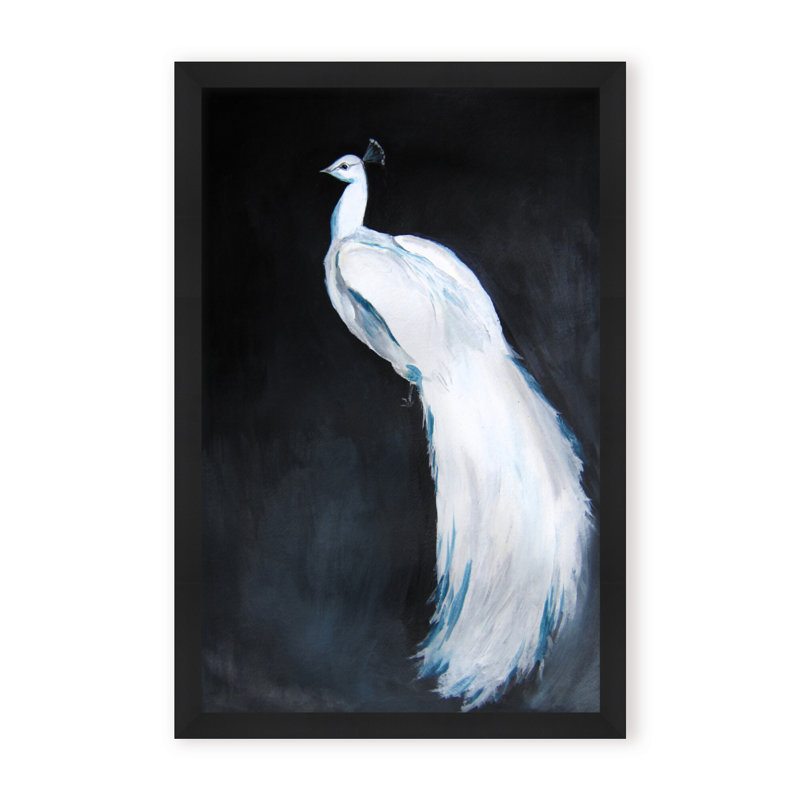 Nature Inspired Alabaster Majesty: White Peacock Against The Night, Framed Matted Print, 30" H x 24" W x 1.125" D, Black