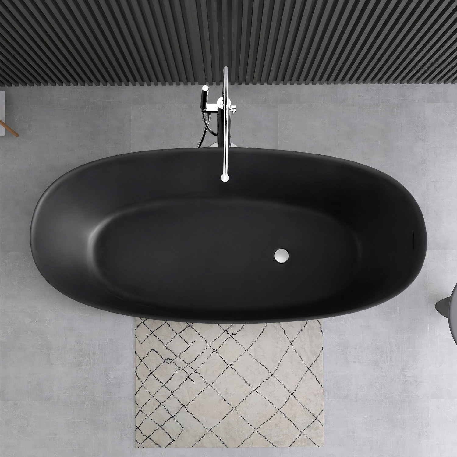 65" Freestanding Solid Surface Soaking Bathtub, Matte Black