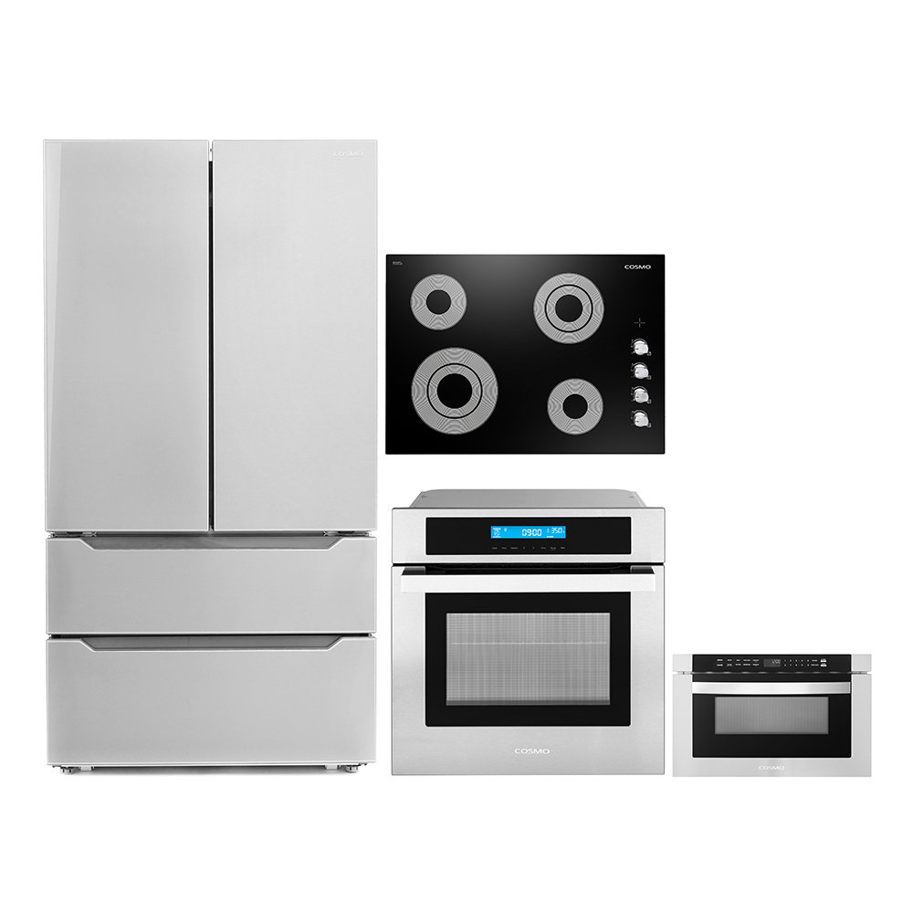 Cosmo 4 Piece Kitchen Appliance Package with French Door Refrigerator , 30'' Electric Cooktop , Wall Oven , and Microwave Drawer Cosmo