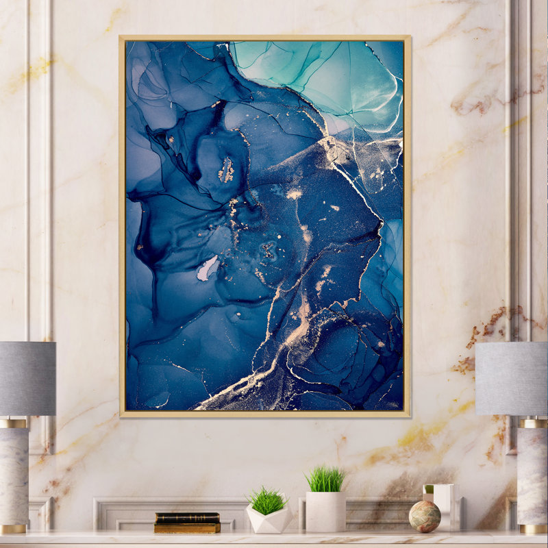 Blue Ink Clouds II - peinture sur toile, Cadre flottant en érable, H 20 po x l 12 po x P 1 po