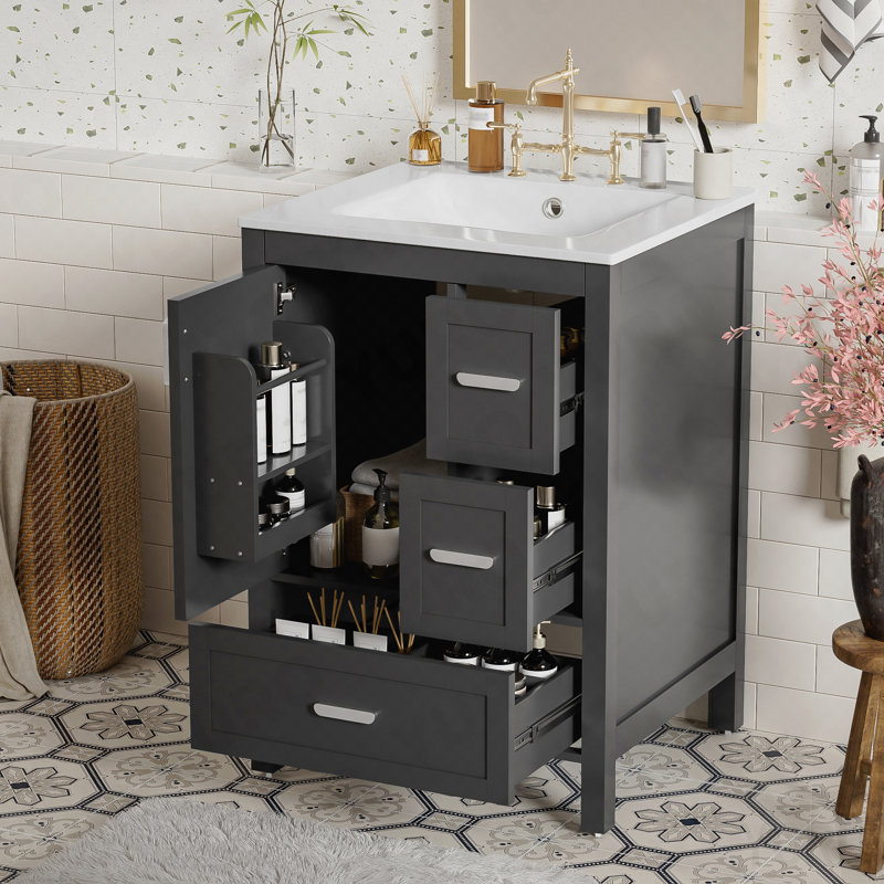 Meuble-lavabo moderne de 24 pouces avec lavabo en céramique, porte à fermeture douce, tablette de porte à double couche et 3 tiroirs
