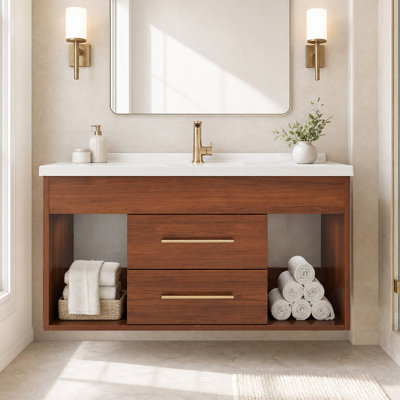 35.4" Modern Bathroom Single Vanity With Ceramic Sink, Rubbed Bronze Handles, 2 Drawers & Open Shelves, Walnut