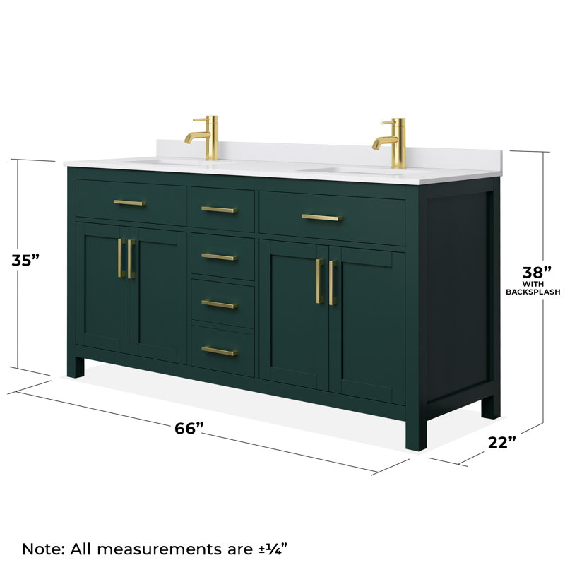 Beckett 66" Freestanding Double Bathroom Vanity with Cultured Marble Top, Green, White Cultured Marble, Brushed Gold