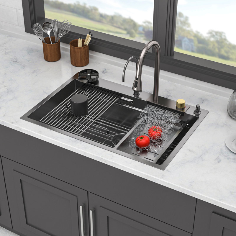 Évier de cuisine à cascade encastré en acier inoxydable noir Gunmetal