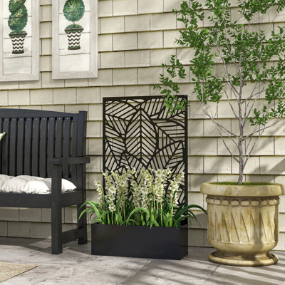 Metal Outdoor Privacy Screen With Raised Garden Bed, Privacy Panel And Planter Box, Wall-Mounted Or Freestanding, Black