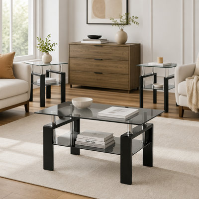 3-Piece Coffee Table,Square Glass Tea Table