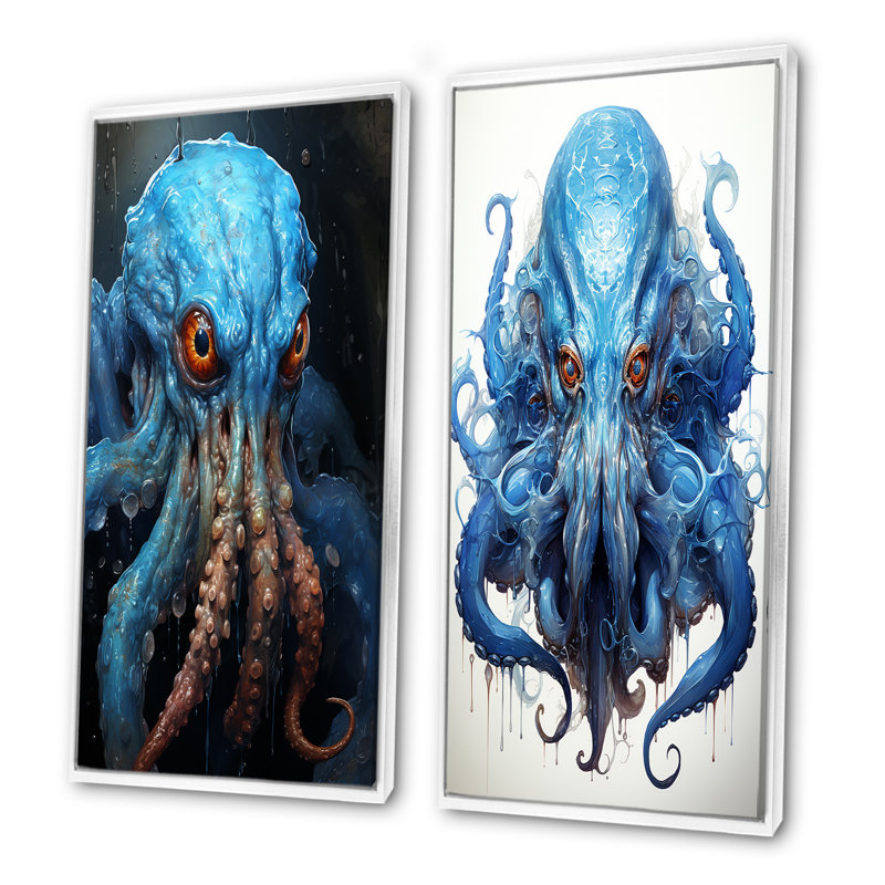 Pieuvre azur céphalopode - ensemble de 2 impressions sur toile pieuvre / calmar, Cadre blanc, H 28 po x l 25 po