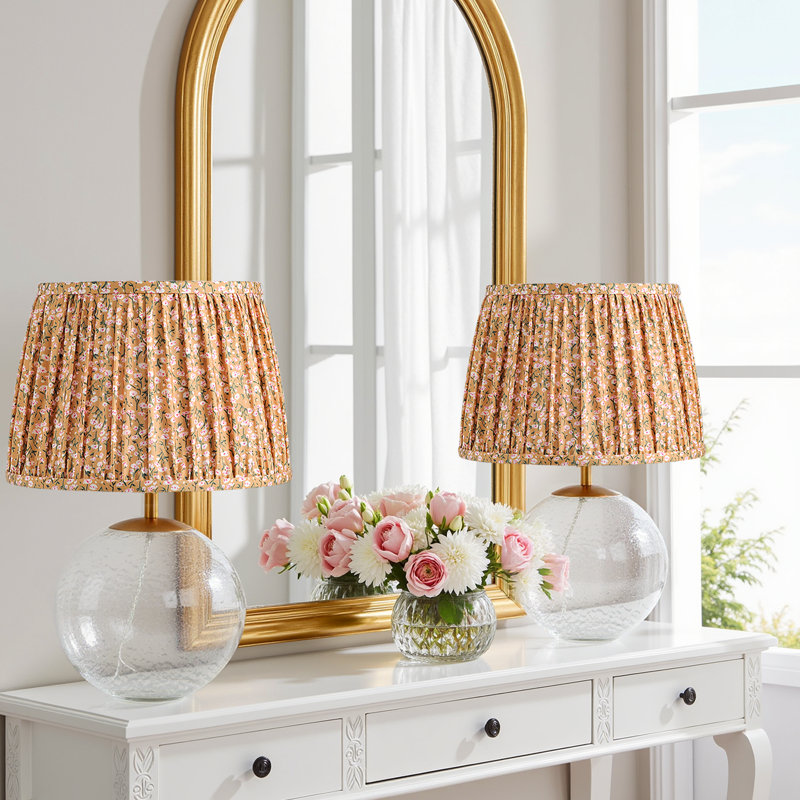 17" Clear Hammered Glass Table Lamp Set with Ditsy Yellow Floral Shade
