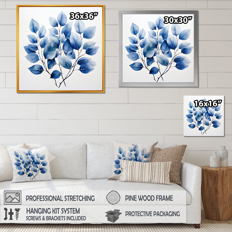 Collage de feuilles blanches et bleues sur toile, Cadre simple argenté, H 30 po x l 30 po x P 1 po
