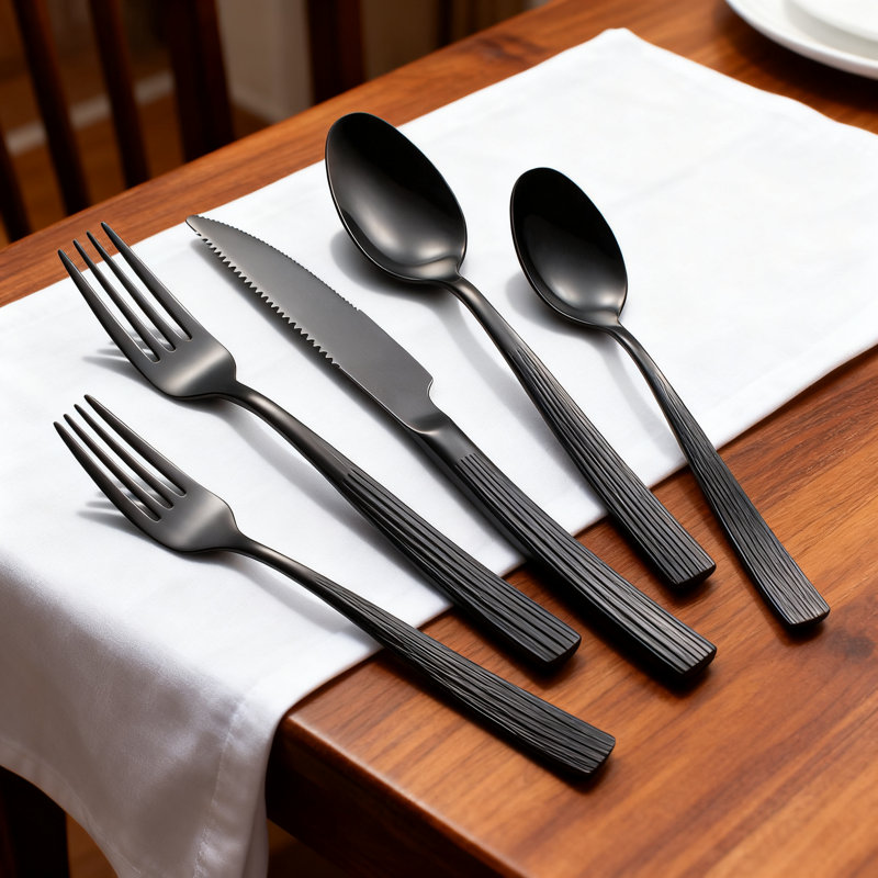 Ensemble de couverts en acier inoxydable 40 pièces pour 8 personnes, argenterie noire robuste avec poignées ondulées, ensemble de couverts polis miroir pour les repas de tous les jours