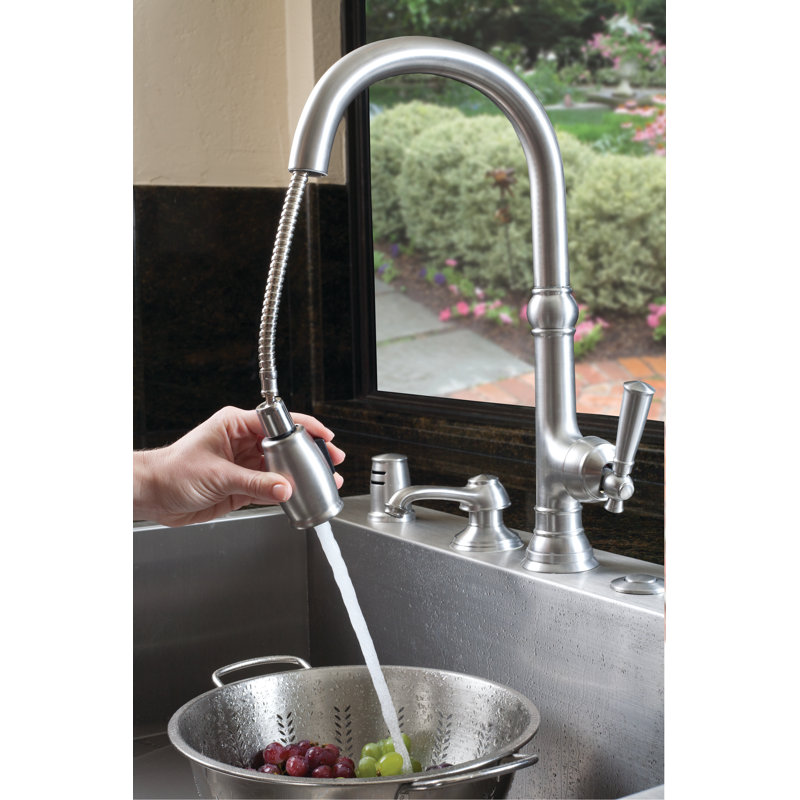 Jacobean Single Handle Pull Down Kitchen Faucet, Aged Brass
