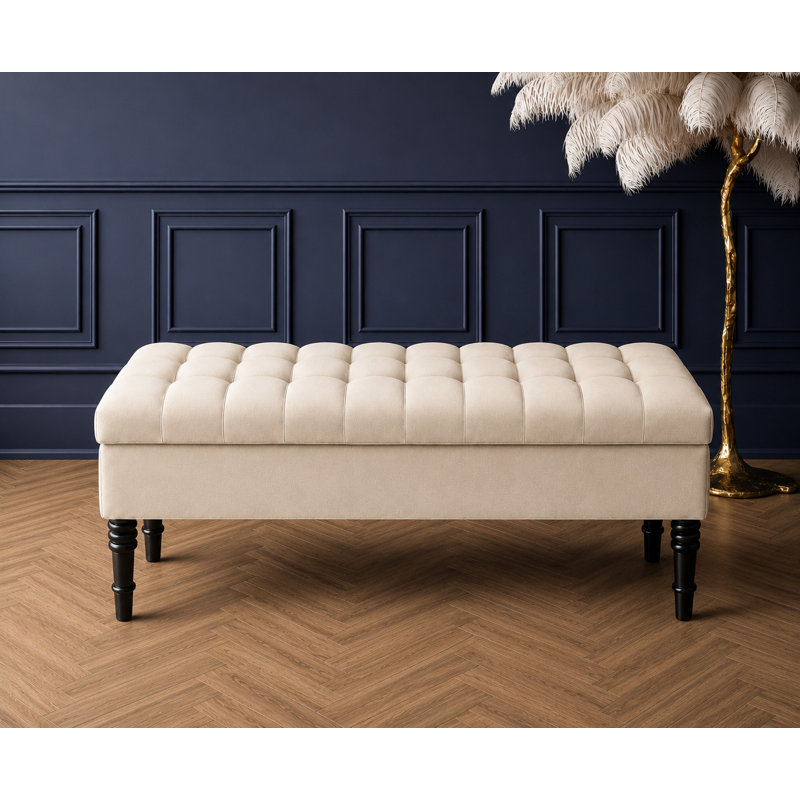 Cubed Tufted Rectangle Ottoman Storage Bench, Upholstered Plush Velvet Shoe Bench with Black Turned Wooden Legs, Cream Plush