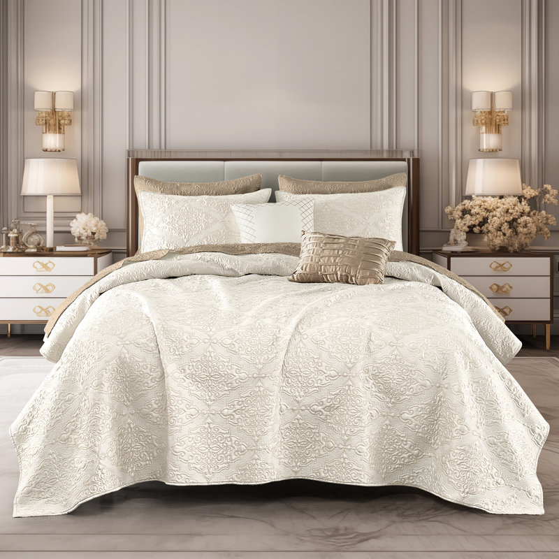 Luxurious Queen Cream Satin Reversible Quilt Set with Embroidery