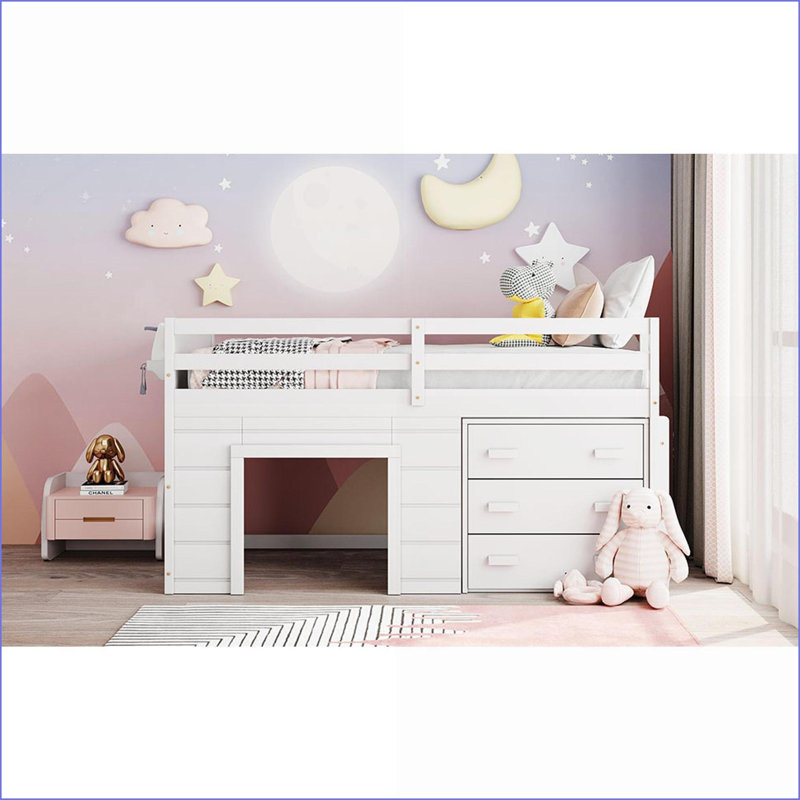 Twin Size Pinewood Loft Bed with 3 Storage Drawers - White, No Box Spring Required