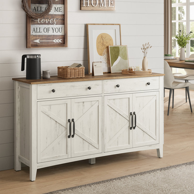 Farmhouse Sideboard With Adjustable Shelves And 2 Drawers For Kitchen, Rustic White/Honey Brown