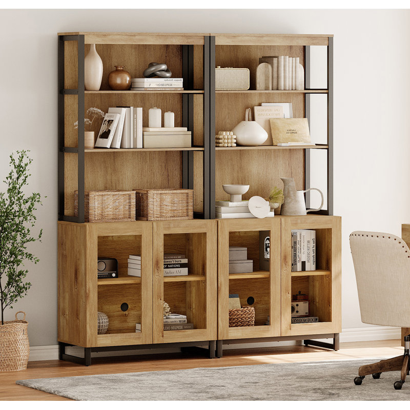 2 PCS Modern 72" Tall Bookcases With Glass Doors And Adjustable Shelves, Library Book Shelf With Storage Cabinet And Open Book Shelfs, Wood Bookshelves For Home Office, Living Room, Oak