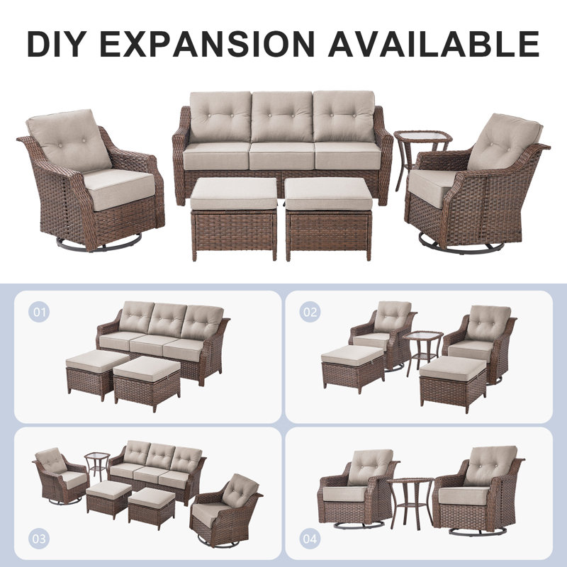 Patio Rattan Swivel Glider Chair & Side Table Set With Water-Resistant Olefin Cushions, Beige