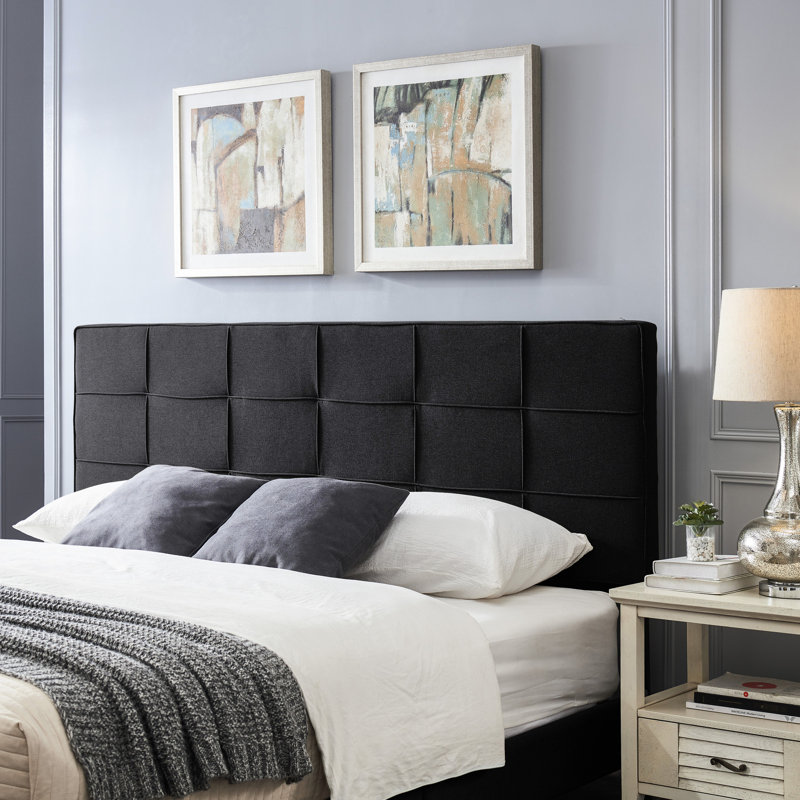Adjustable Height Headboard In Contemporary Style Waffle Stitch Deep Black Fabric Bed, Black