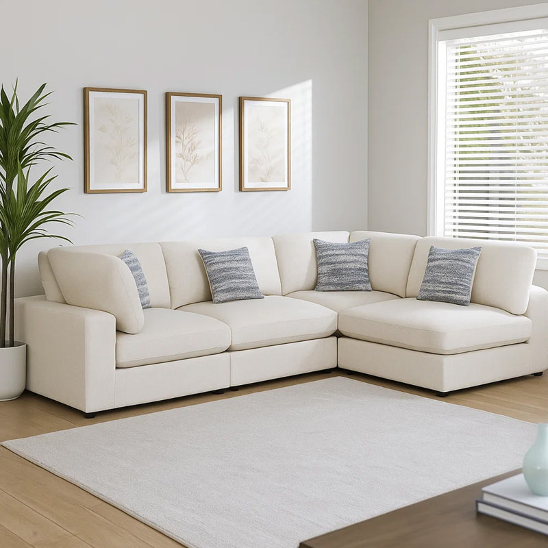 Canapé modulaire Serena 4Pc, 4 coussins décoratifs, jacquard, Tissu beige / mélange de lin / jacquard