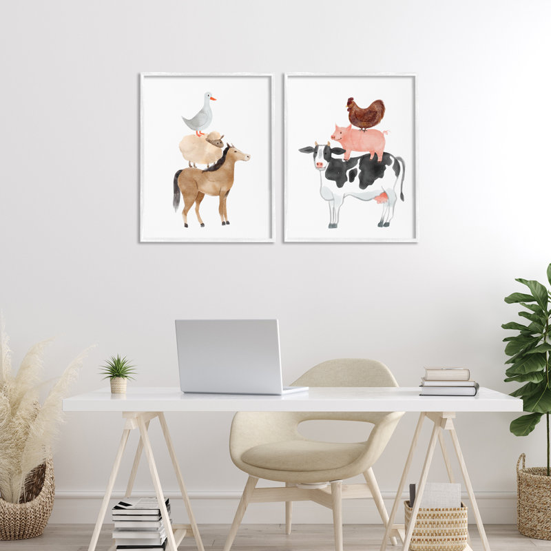 Ensemble de 2 giclées encadrées Whimsical Farm Life Stacks, design par Kim Allen, H 20 po x l 16 po